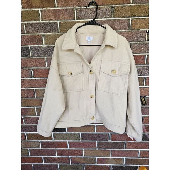 TIME AND TRU Womens Large Oversized Shacket Shirt Jacket Cream Button Wool Blend - Picture 1 of 6